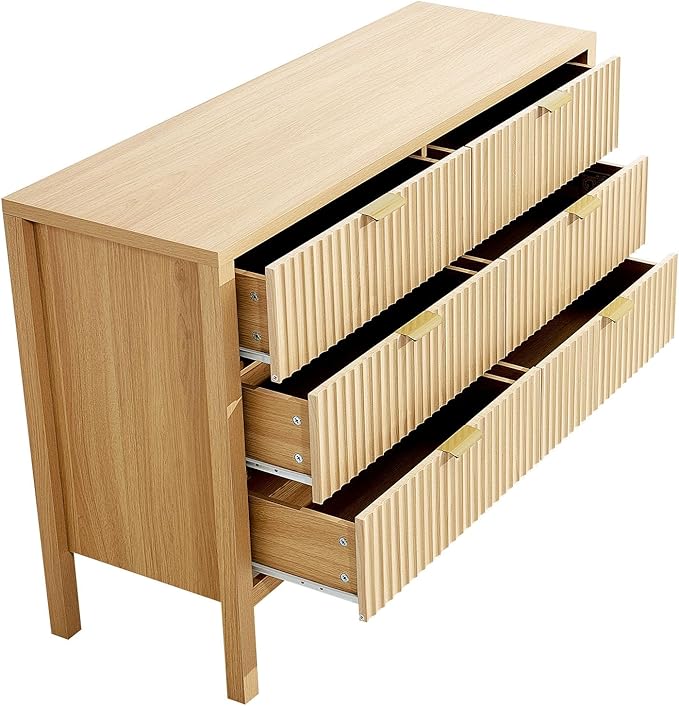 VEVOR Fluted Dresser with 6 Drawer, 47" Wide Chest of Drawers with Golden Metal Handle, Modern Closet Dresser TV Stand, Boho Wood Storage Organizer for Bedroom, Living Room, Hallway, Entryway, Natural