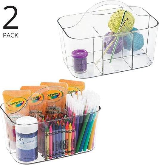 mDesign Plastic Portable Craft Storage Organizer Caddy Tote, Divided Basket Bin w/Handle - Craft, Sewing, Art Supplies - Holds Brushes, Colored Pencils - Lumiere Collection - Clear, 2 Pack