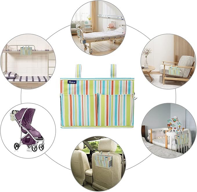 Surblue Bedside Caddy Hanging Bed Organizer Storage Bag Pocket for Bunk and Hospital Beds, College Dorm Rooms Baby Bed Rails,Wheelchair Side Bag,Camp Chiars,4 Pockets and 2 Hooks (Small GreenStripe)