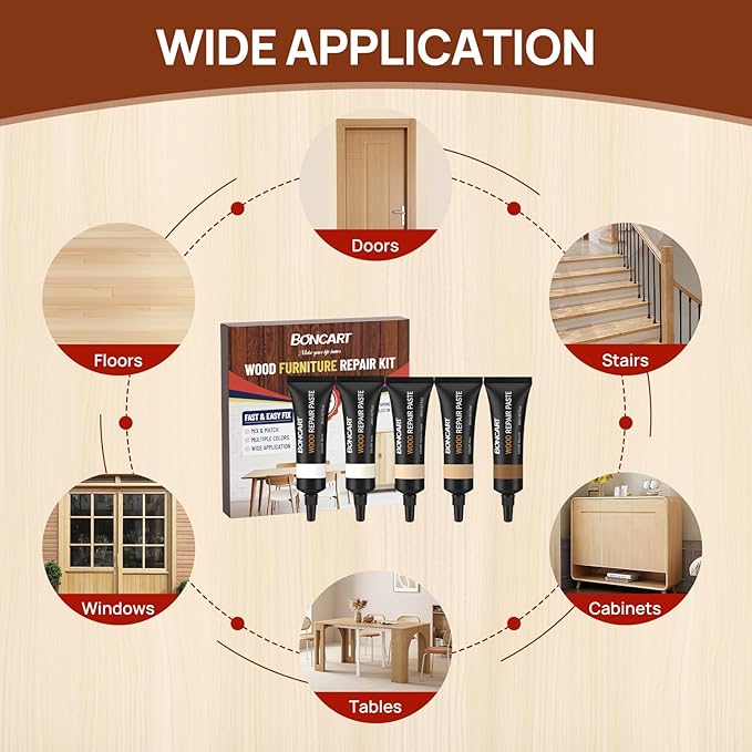 Wood Furniture Repair Kit, Wood Touch up Fillers, Repair Scratches, Cracks, Paint Chips, and Nail Holes on Furniture, Floors, Doors, Cabinets, and Tables (5 Light Colors)