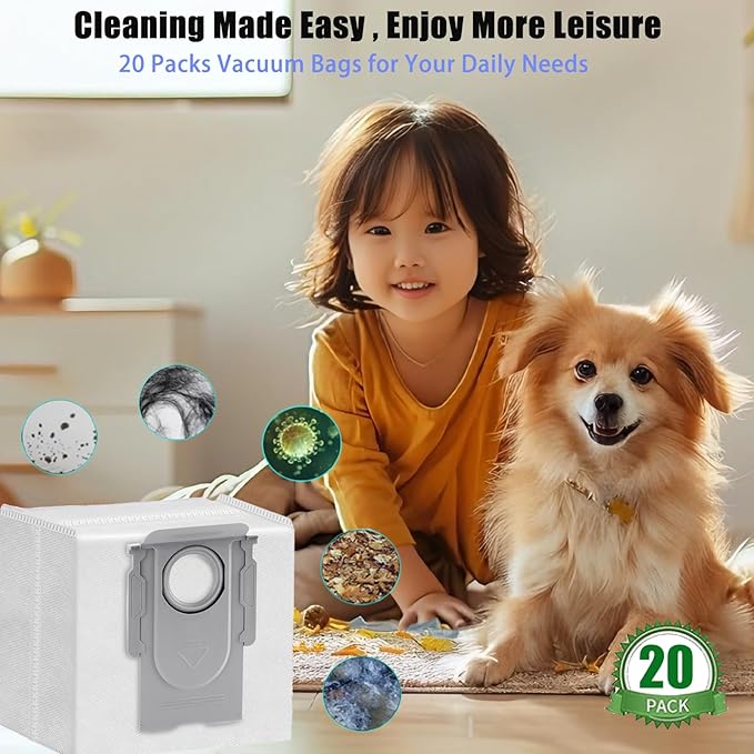 20 Packs Q8 Q7 Q5 Bag Replacement for roborock Q5 Q5+ Q7 Q7+ Q7 Max Q7 Max+ Q8 Max+ S7 MaxV Ultra S8+ S8 Pro Ultra Robot Vacuum Cleaner,Q5 bags:3L Large Capacity Disposable Bag Replacement