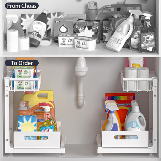Pro Under Sink Organizer Storage: Premium Metal 2-Tier Pull-Out Wire Basket Organizer, L Shape Height Adjustable, Easy Installation | Kitchen & Bathroom Cabinet Organizers Pack 1 White