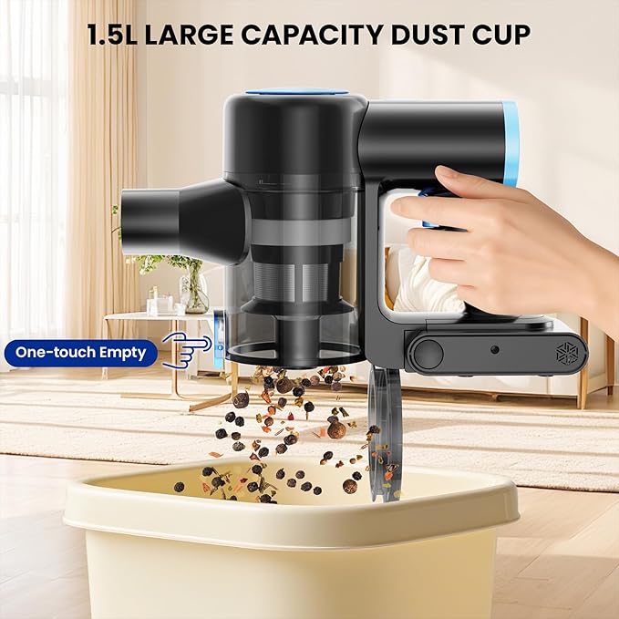 Cordless Vacuum Cleaner, 44kPa 55Mins Vacuum Cordless Rechargeable, Self-Standing, 1.5L Dust Cup Stick Vacuum for Hard Floors Carpet Pet Hair