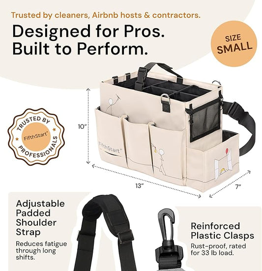 FifthStart Multiuse Cleaning Caddy with Waist & Shoulder Strap - Diaper Caddy & Beach Bag - 9 Pockets & Mesh Base - Adjustable Compartments (Beige, Small) - Cleaning Supplies Organizer