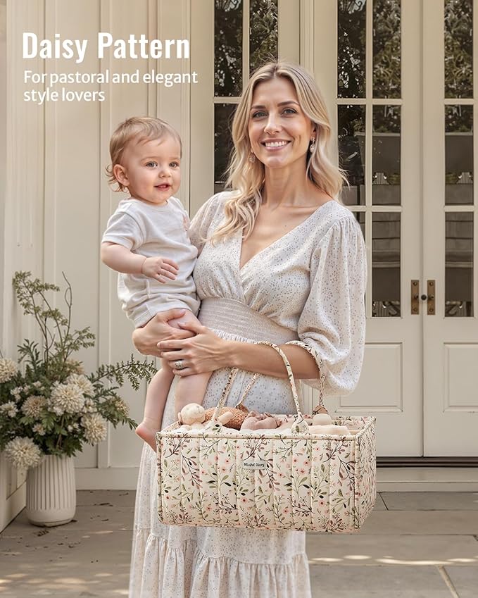 Blissful Diary Floral Diaper Caddy Organizer, Stylish Nursery Storage Basket, Diaper Bag,Gift for Baby Shower, Baby Registry Must Have, Newborn Essentials, Pastoral Daisy