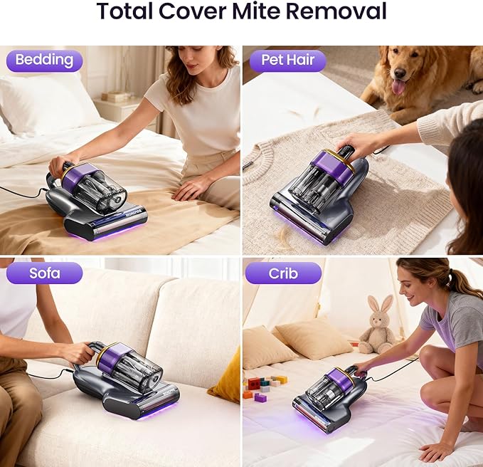 Bed Vacuum Cleaner, Mattress Vacuum with 2 Roller Brushes 253.7nm UV-C Light & Ultrasonic,145°F Heat, HEPA Filter, 18kPa Suction 650W Powerful Handheld Vacuums for Dust & Pet Hair(Corded)