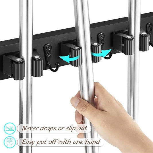 2 Pack Black Mop Broom Holder Wall Mount - Wood Broom Mop Hanger - Wall Mounted Garden Tool Rack Organizer for Closet Garage Laundry Room, 4 Slots & 4 Hooks
