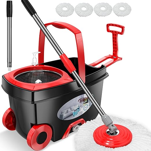 FunClean 360° Spin Mop and Bucket Set with Wringer, 4 Extra Microfiber Heads, 61" Extended Handle for Effortless Floor Cleaning, 2X Wheel Design - Black