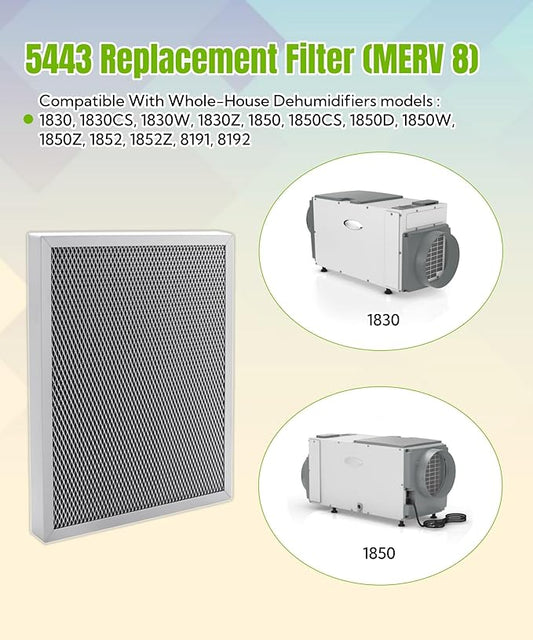 2 Packs 5443 Dehumidifier Filter 10″x12″x1″ Fits for Whole-House Dehumidifiers Models 1830 1850 1852 and Ventilation Models 8191 8192,Washable MERV 8 Filter Replacement