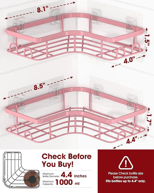 Corner Shower Caddy - 2 Pack, Adhesive Shower Organizers, Rustproof Stainless Steel Shower Shelves with 8 Hooks, No Drilling Bathroom Organizers and Storage Racks, Space-Saving, Pink, Medium