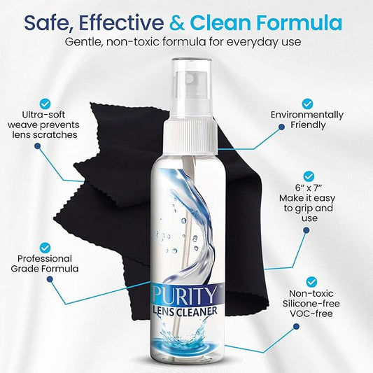 Purity Eyeglass Lens Cleaner Kit - 3 x 1oz Travel Size Lens Cleaner Spray Bottle + 2 Microfiber Cleaning Cloths - Safe for All Lenses (AR Coated Included), Eyeglasses and Screens - Clear