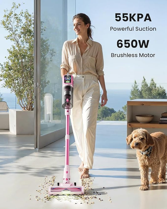 Cordless Vacuum Cleaner,55KPa 650W 65Mins Vacuum Cleaners for Home,Stick Vacuum with LED Display &Anti-tangle Brush and Self-Standing Design,Vacuum Cleaner for Hardwood Floors,Carpet,Pet Hair(Pinkļ¼