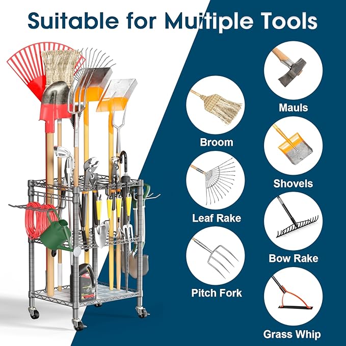 T1 Garden Tool Organizer(with Lockable Wheels) Heavy Duty Garage Tool Storage for Yard,Shed,Outdoor and Lawn,Freestanding Tool Organizers and Storage UP to 50 Tools,Grey with Anti-Tip Device