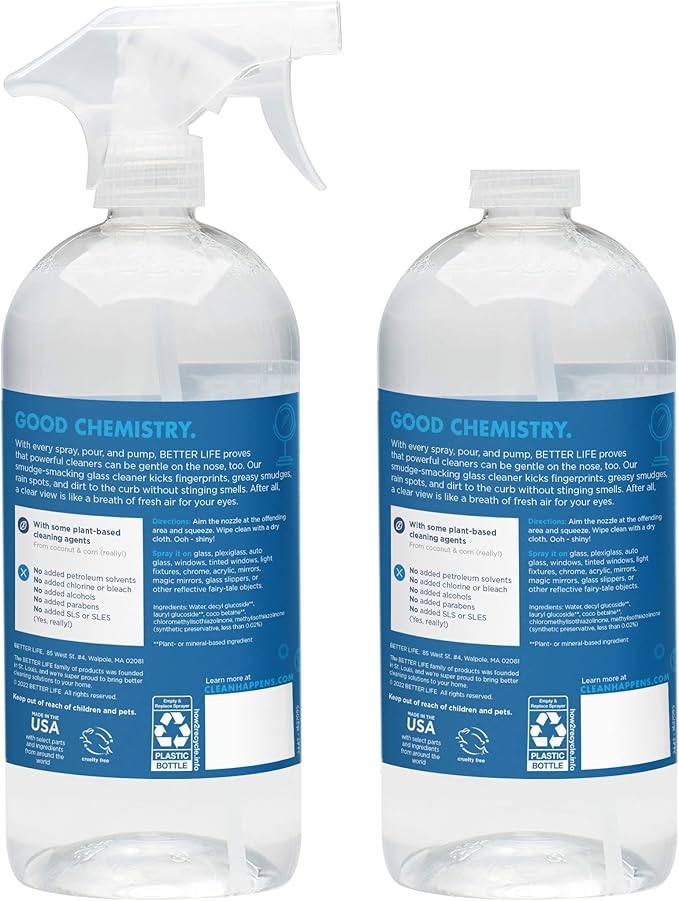 Better Life Glass Cleaner, Streak-free Window Cleaner, Surface Cleaning Spray, Mirror, Screen and Shower Door Cleaner, Removes Fingerprints, Dust, Dirt, Unscented, 32 Oz, Pack of 2