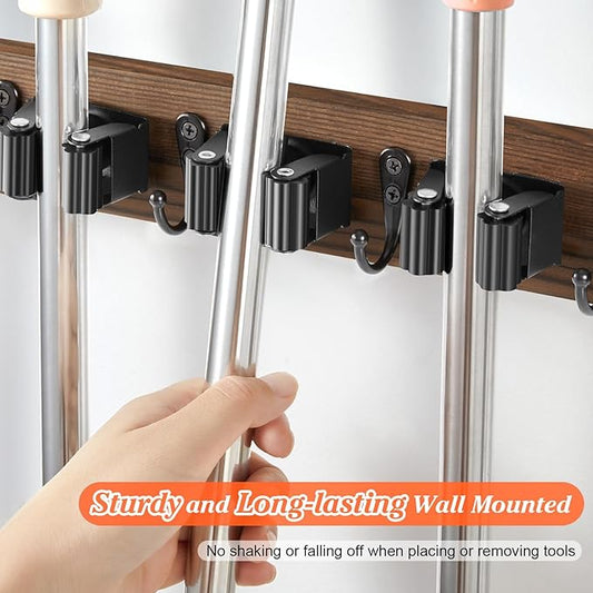 Brown Broom Holder Wall Mount - Heavy Duty Wood Mop and Broom Organizer with 5 Slots & 4 Hooks - Rustic Garden Tool Hanger for Laundry Room Closet Kitchen Garage Storage and Organization