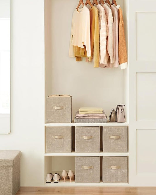 SONGMICS Storage Cubes, 11-Inch Non-Woven Fabric Bins with Double Handles, Set of 6, Closet Organizers for Shelves, Foldable, for Clothes, Sand Beige UROB026K03