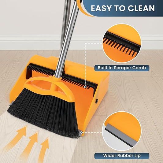 Commercial Broom and Dustpan Set,Long Handle Upright Heavy Duty Dust Pan Outdoor Indoor for Courtyards, Garages, Lobbies, Shopping Malls, Market Floors, Sidewalks, Classroom Floor Cleaning