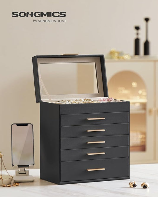 SONGMICS GISELLA Collection - Jewelry Box Organizer, 6-Layer Jewelry Storage with 5 Drawers, Shiny Metal Hardware, Glass Lid, Modern, 6.4 x 9.9 x 11.4 Inches, Ink Black and Gold Color UJBC171B01
