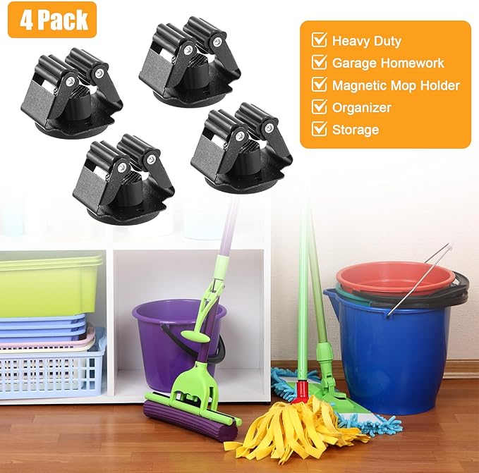 Magnetic Mop Broom Holder,4Pack Heavy Duty Magnetic Broom Holder for Cleaning Tools,D1.69” Strong Broom Mop Holder Wall Mount for Garage Kitchen Laundry Work Shop