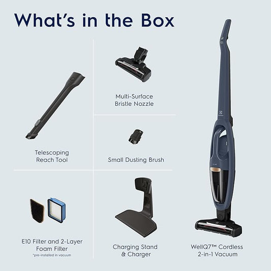 Electrolux WellQ7 Cordless 2-in-1 Vacuum with High Suction Power and 5-Step Filtration System, 50-Minute Run Time, 2 Power Modes, Denim Blue