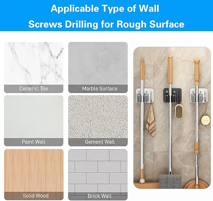 5 Pack Mop Broom Holder Wall Mount Screw Drilling, Stainless Steel Heavy Duty Organizer Hanger Tool Rack for Bathroom Kitchen Garage Laundry Office, Black