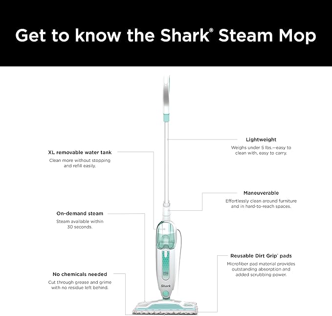 Shark Steam Mop with 2 Machine Washable Dirt Grip Pads, Removable Water Tank, Lightweight, Steam Cleaner for sealed Hard Floors, Marble, Stone, Hardwood, Tile, Laminate, White/Seafoam, S1000