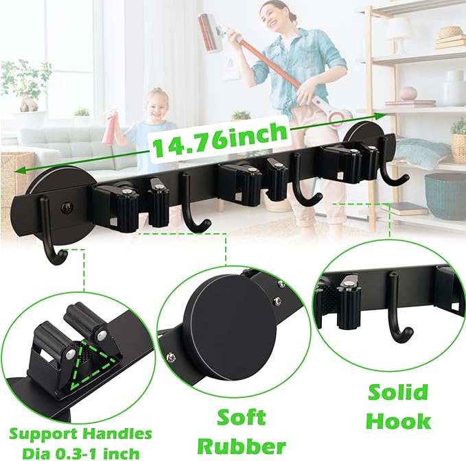 Strong Magnetic Mop Broom Holder, Heavy Duty Magnetic Mop Hanger for Refrigerators, Anti-Slip Magnet Wall Mounted Broom Holder Storage Rack for Laundry Garage Kitchen Workshops Shed