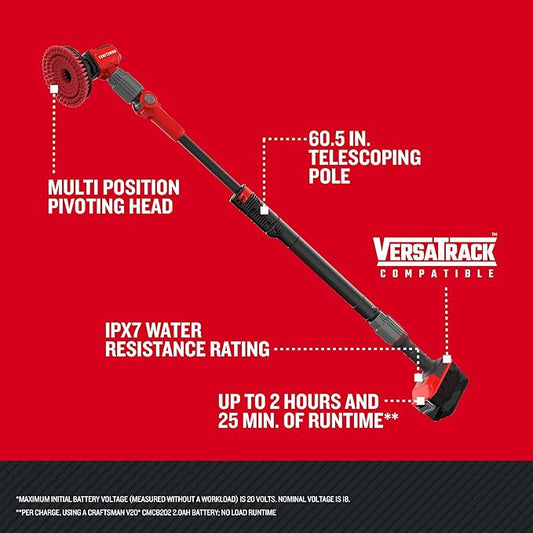 CRAFTSMAN V20 Cordless 2-in-1 Power Scrubber Kit, Multi-Purpose, Includes Bristle Brush, 2Ah Battery, V20 Battery Charger, and 60.5 in. Telescoping Pole (CMCPS520D1)