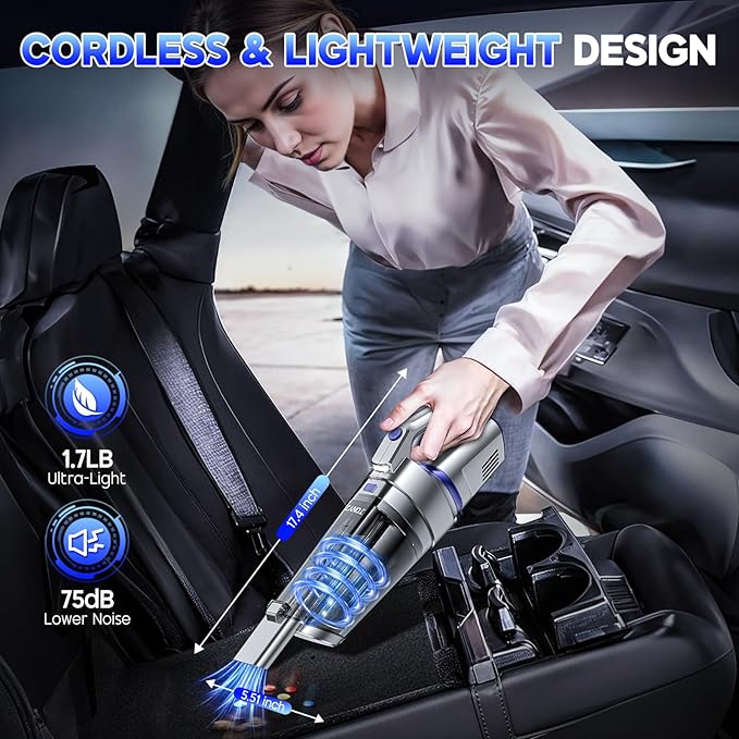 JONYJ Handheld Vacuum Cordless, 16000PA Strong Suction Hand Held Car Vacuum Cleaner, Portable Hand Vacuum Rechargeable with Multi-Nozzles & LED Light for Home, Car, Office, Pets