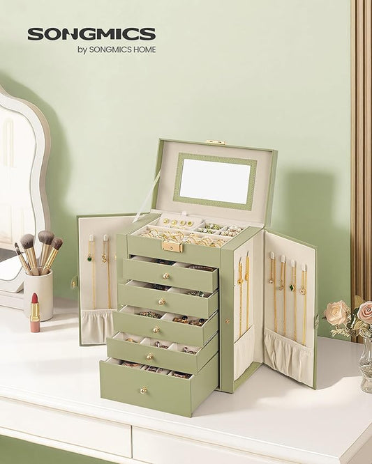 SONGMICS 6-Layer Jewelry Box Organizer with 5 Drawers, Jewelry Storage Case with Lock and Mirror, Large Storage Capacity, Gift for Loved Ones, for Necklaces, Watches, Sage Green UJBC152CE01S