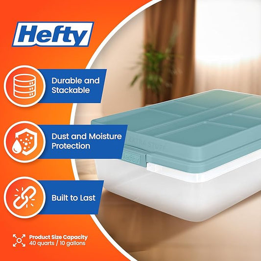 Hefty HI-RISE 40 Qt Stackable Storage Bins with Lids – 6 Pack Clear Plastic Under Bed Storage Containers, Shoe Organizer Boxes with XL Lid-Locking Latches, Comfort-Grip Handles, Durable Double Rim