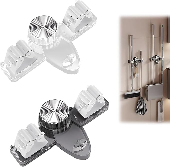 Broom Holder Mop Hanger, Mop Broom Holder Wall Mounted, No punching required Broom Hanger Organizer, Adjustable Rack Removable Mop Clip for Bathroom, Kitchen, Garage, Laundry Room (C)