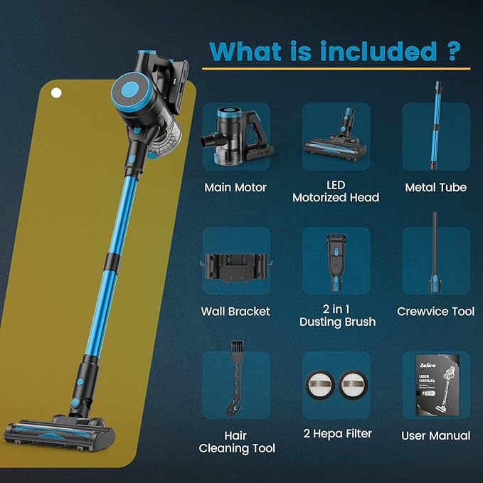 Zefiro 350W Cordless Vacuum Cleaner,45Mins Runtime Vacuum Cleaners for Home, Anti-Tangle and 1.5L Dust Cup, Lightweight Vacuum for Hardwood Floor Carpet Pet Hair (Blue)