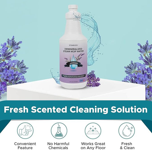 Steam & Go Demineralized Water for Steam Cleaner - PVC-Free Floor Cleaning Solution Compatible for All Steam Mops - Multi-Surface Cleaner for Home Surfaces - Lavender Scent, 32 oz (Pack of 12)