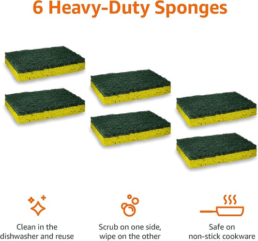 Amazon Basics Heavy Duty Scrub Sponges, Dual-Sided Design, Yellow/Green, 6-Pack