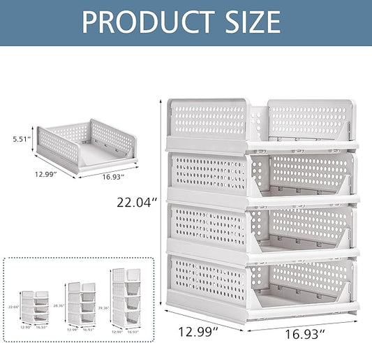 VECELO 4 Pack Plastic Closet Shelf Organizer, Stackable Sweater Storage Closet Drawers, Foldable Wardrobe Organizer, Easy Assembly, Durable and Space Saving for Closet, Bathroom, Kitchen, Gray