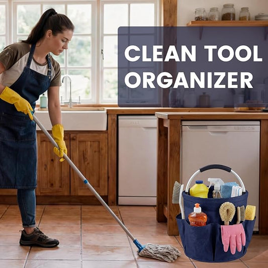 Cleaning Caddy with Handle and 6 Pockets, 17L Cleaning Supplies Organizer, 600D Oxford Fabric Storage Basket, Multifunctional Bucket Bag for Picnics, Camping, Gardening, Bathing (Dark Blue)