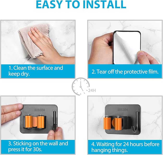 Mop Broom Holder No Drill, Mop Broom Organizer Wall Mounted Heavy Duty with Hooks Hanger, Self Adhesive Stainless Steel 4Pcs for Bathroom, Kitchen, Office (Orange)