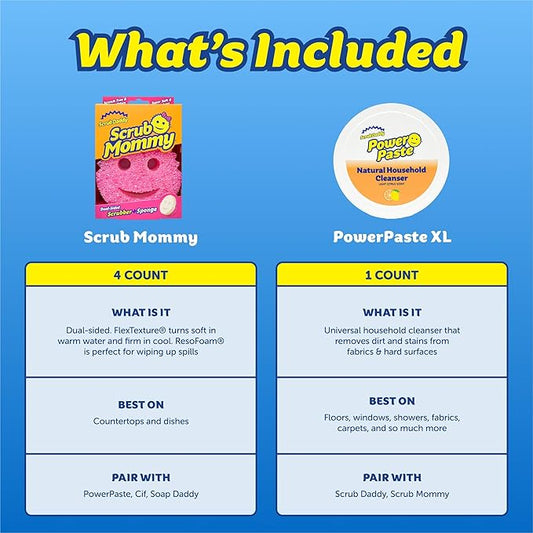 Scrub Daddy Sponges & PowerPaste XL Value Pack - 4 Scrub Mommy Multipurpose Dish Sponges & PowerPaste XL All-Purpose Cleaning Paste - Scratch-Free, Multi-Surface Household Cleaning Supplies Kit (5ct)