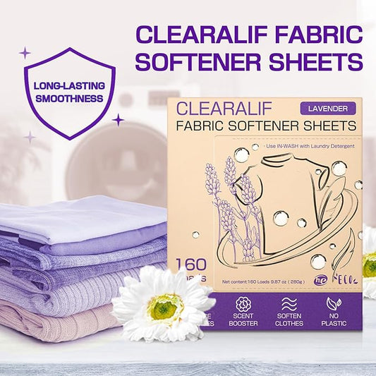 CLEARALIF laundry Fabric Softener Sheets, Lavender Scent, 160 Loads, Eco Friendly, Great For Travel, Apartments, Dorms.