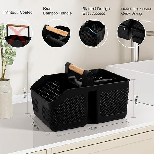 rejomiik Shower Caddy Portable with Bamboo Handle, Plastic Basket Cleaning Caddy Organizer Storage Tote for Bathroom, College, Dorm Room Essentials, Black