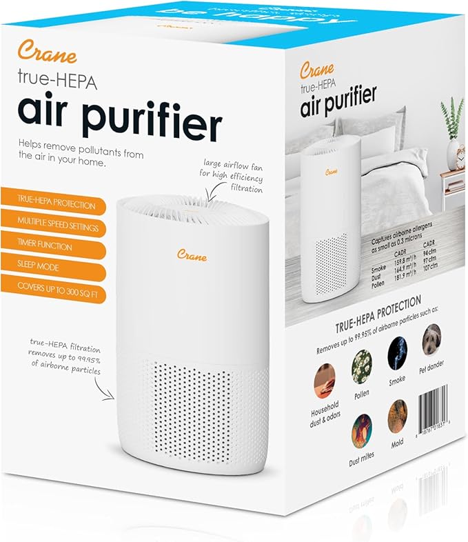 Crane True HEPA Air Purifiers for Home, Up To 300 Sq Ft, Air Purifiers For Bedroom, and Office, Removes Dust, Smoke, Pet Dander, and Allergens, Purifier HEPA with Sleep Timer, Child Lock, Aroma Tray