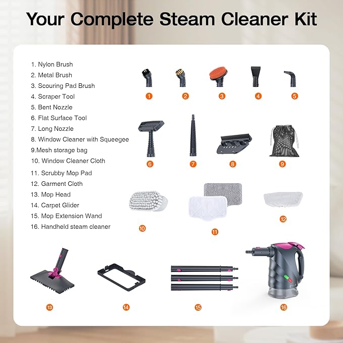 ScrubWiz 10-in-1 Steam Cleaner, Steam Mop & Detachable Handheld Steam Cleaner, 320ml Water Tank, 10s Fast Heating, Portable Steamer for Kitchen, Floor, Tiles, Home, BBQ, Ergonomic Handle, Mid Gray