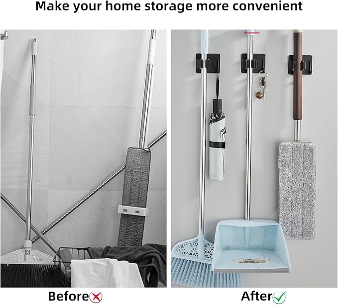 Mop Broom Holder No Drill StainlessSteel, Mop Broom Organizer Wall Mounted Heavy Duty with Hooks Hanger,Anti-Slip Adhesive Hook Broom Holder Wall Mount,Self Adhesive 4Pcs for Bathroom, Kitchen, Office