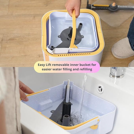 Mop and Bucket System PRO with Removable Water Tank Duo Bucket & Spin Mop System, Self Wringing, Separates Clean from Dirty Water, Folding Head, Dual Brush System, 8-pc Machine Washable Pads