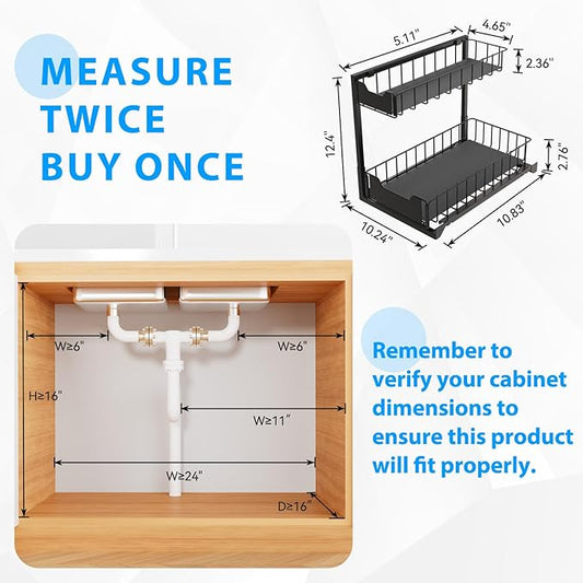 2 Pack Under Sink Organizer, Under Sink Organizers and Storage, Smooth & Silent Sliding Out Metal Drawer for Kitchen Bathroom Pantry Cabinet Closet Black(L-2PC)