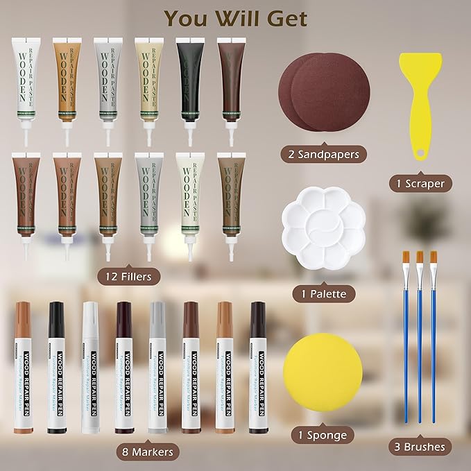 Wood Repair Kit: 12-Color Wood Filler and 8-Color Furniture Markers Touch Up for Scratches/Holes/Stains/Cracks in Floors/Table/Cabinets(Laminate/Hardwood)
