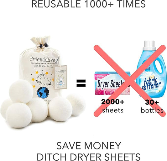 Friendsheep Wool Dryer Balls, Organic Reusable Fabric Softener Alternative for Laundry, Handmade, Fair Trade, Hypoallergenic, Eco-Friendly, Plastic-Free (6 Pack XL – Creamy White)