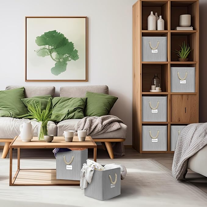 SIMPLE HOUSEWARE 11-Inch Cube Storage Bin With Braided Handles, 4 Pack, Gray