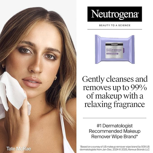 Neutrogena Night Calming Makeup Remover Face Wipes, Nighttime Cleansing Towelettes Remove Sweat, Dirt & Makeup & Calms Skin, Hypoallergenic, 100% Plant Based Cloth, Twin Pack, 2 x 25 ct